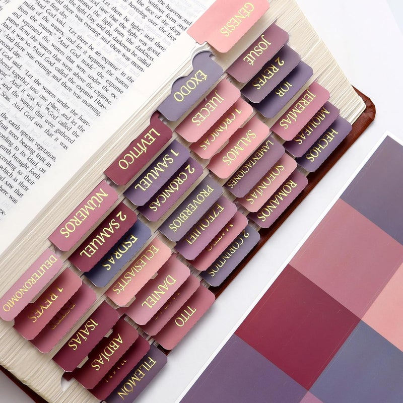 DOMMARE Spanish Bible Tabs for Women, Pestañas para Biblia En Español, Pink Purple Foil Embosse Waterproof Laminated Large Print Index Tabs Guide Kit, Baptism Christian Gifts for Men, 90 Pieces - Image 1